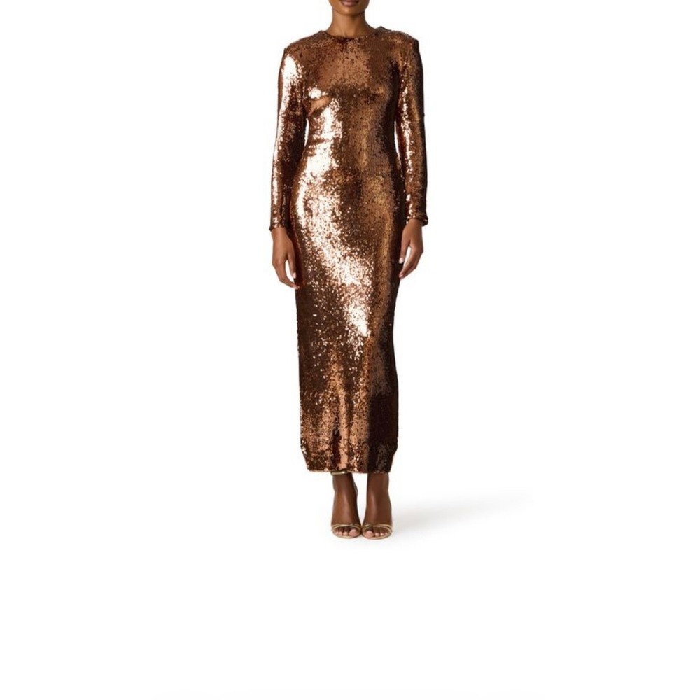 Steve Madden Kayden Bronze Sequin Maxi Dress Long Sleeve Evening Gown Size 4 NWT